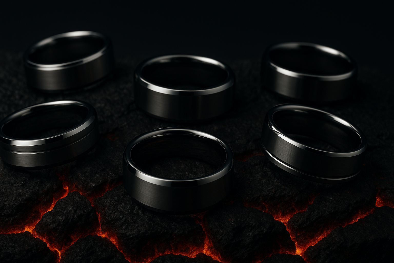 Banner with tungsten rings laying on lava bed