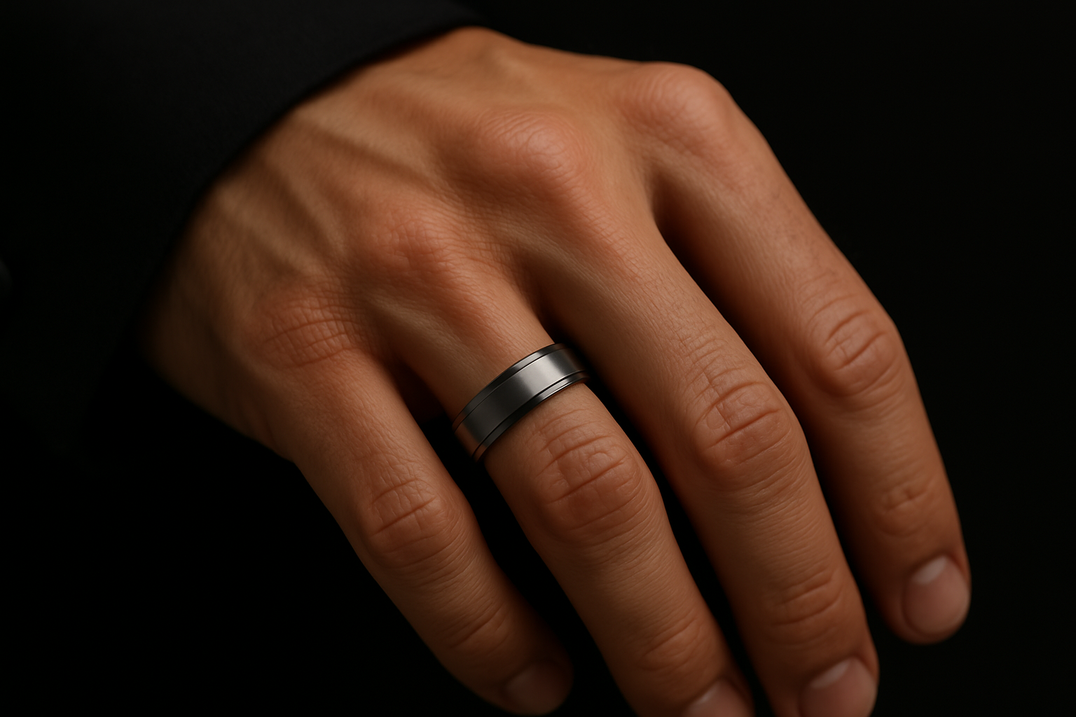 Male hand wearing a sleek tungsten wedding ring on the ring finger against a clean dark background