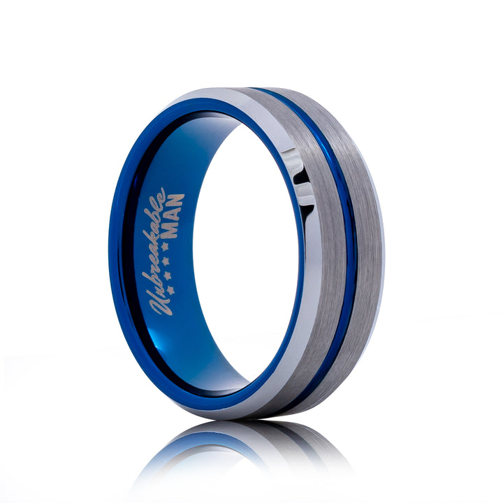 Devotion Tungsten Ring - 8mm Silver & Blue Brushed Men's Band
