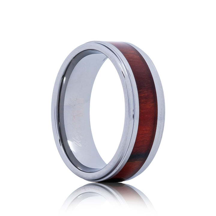 Charisma Tungsten Ring - 8mm Silver & Redwood Inlay Men's Band