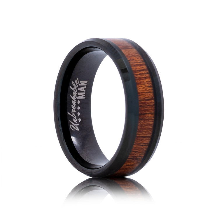 Desire Tungsten Ring - 8mm Black & Koa Wood Inlay Polished Men's Band