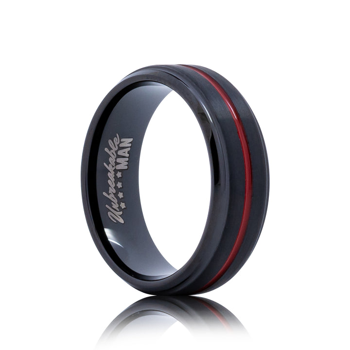 Ardent Tungsten Ring - 8mm Black & Red Brushed Men's Band
